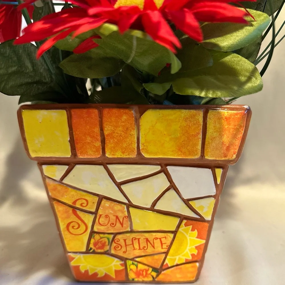 Daisy Floral Arrangement in Mosaic Ceramic Pot Yellow Orange Red